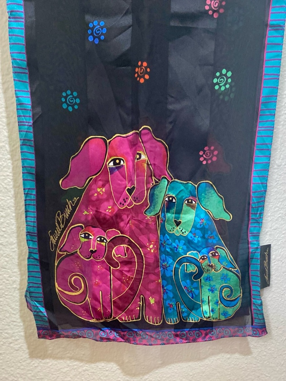 Laurel Burch Blossoming Pups Impressionist Magical Folk Art Silk Scarf - Picture 3 of 7